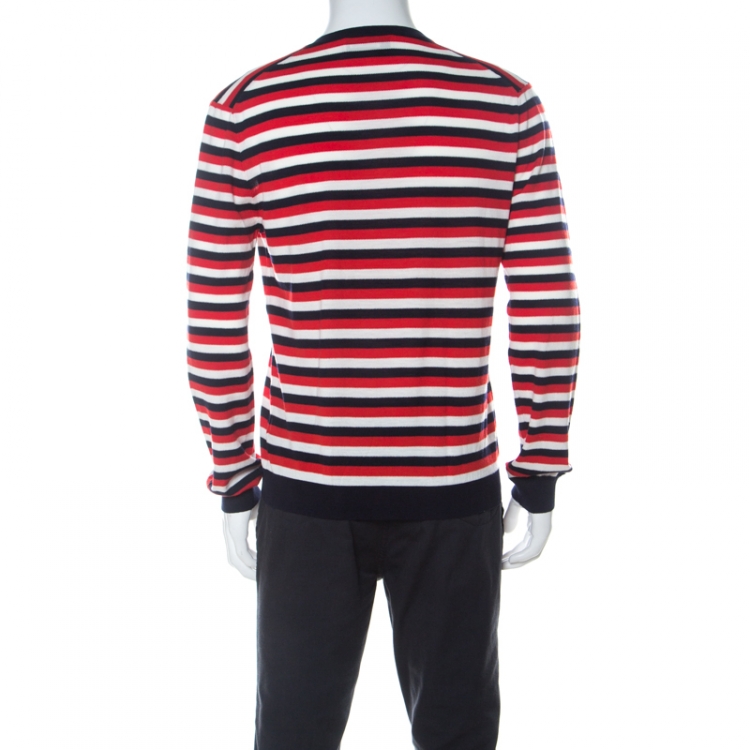 Pre Owned Gucci Red White Navy Striped Wool V Neck Sweater L