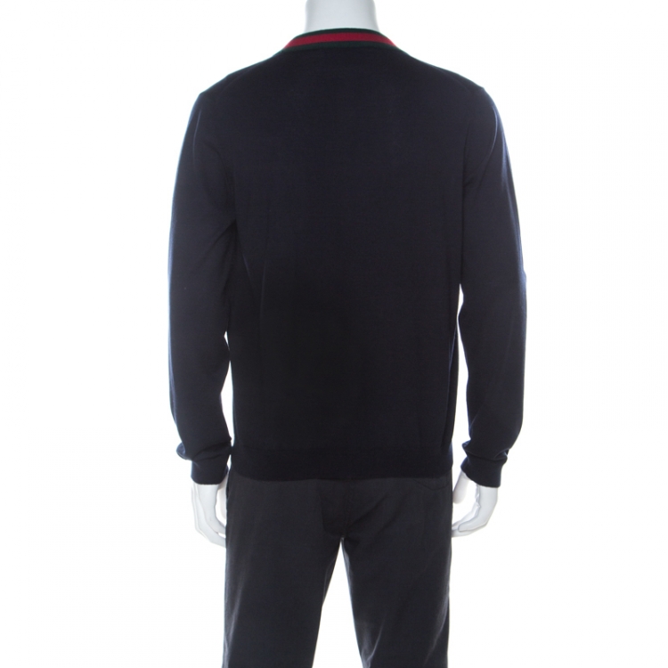 Pre Owned Gucci Ink Blue Wool Web Stripe Detail Open Front Cardigan XL