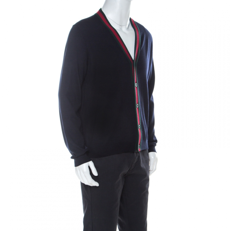 Pre Owned Gucci Ink Blue Wool Web Stripe Detail Open Front Cardigan XL