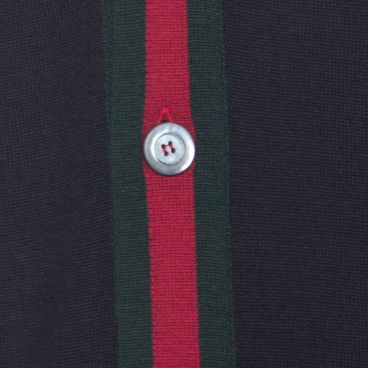 Pre Owned Gucci Ink Blue Wool Web Stripe Detail Open Front Cardigan XL