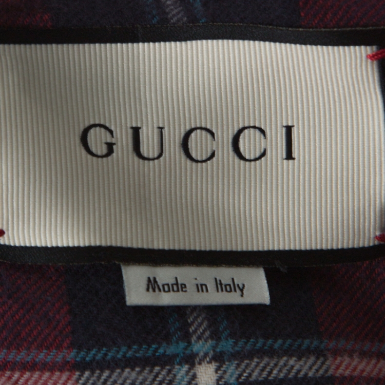 Pre Owned Gucci Red and Navy Blue Plaid Flannel Embroidered Oversized Shirt M 