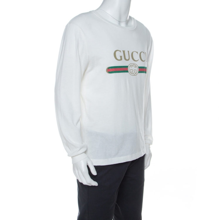 Gucci White Logo Print Cotton Dragon Embroidered Long Sleeve T-Shirt M Gucci  | TLC