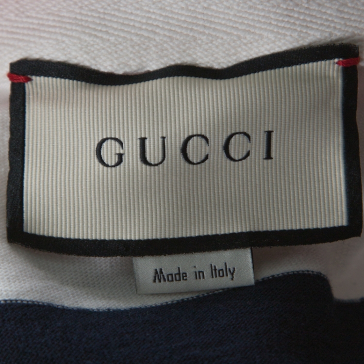 Pre Owned Gucci Navy Blue and White Striped Cotton Appliqued Long Sleeve Polo T-Shirt M