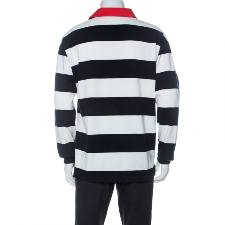 Pre Owned Gucci Navy Blue and White Striped Cotton Appliqued Long Sleeve Polo T-Shirt M