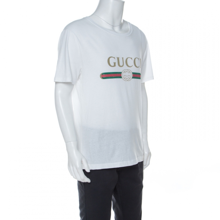 White Faded Logo Printed T-Shirt M Gucci | TLC