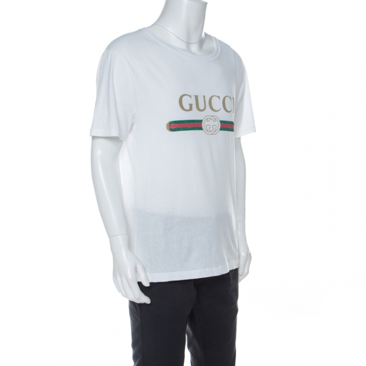 Gucci White Cotton Faded Logo Printed T-Shirt M Gucci | TLC