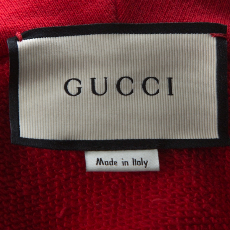 Pre Owned Gucci Red Cotton Jersey and Leather Buckle Detail Hoodie M