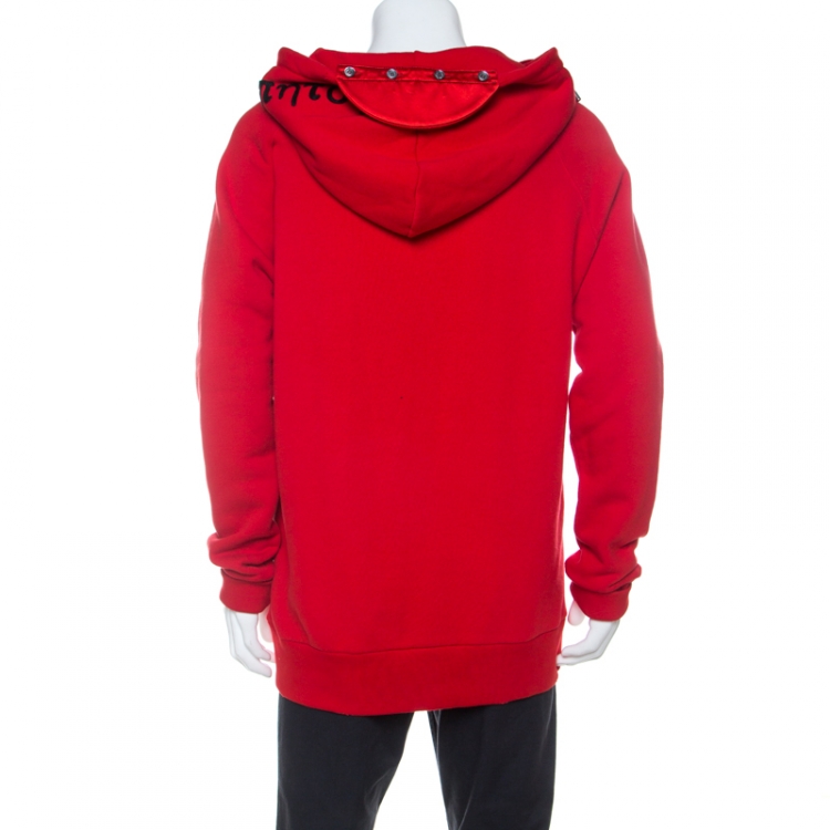Pre Owned Gucci Red Cotton Jersey and Leather Buckle Detail Hoodie M