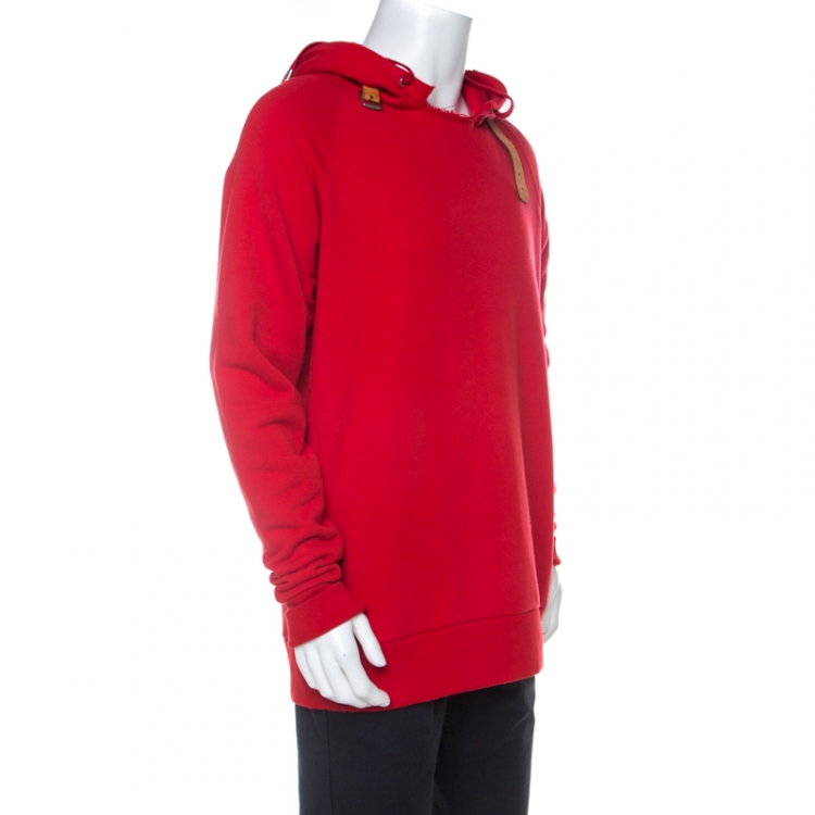 Pre Owned Gucci Red Cotton Jersey and Leather Buckle Detail Hoodie M