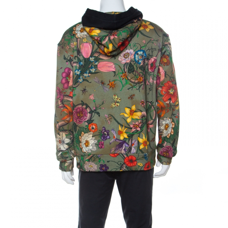 Pre Owned Gucci Green Jungle Print Cotton Hoodie L