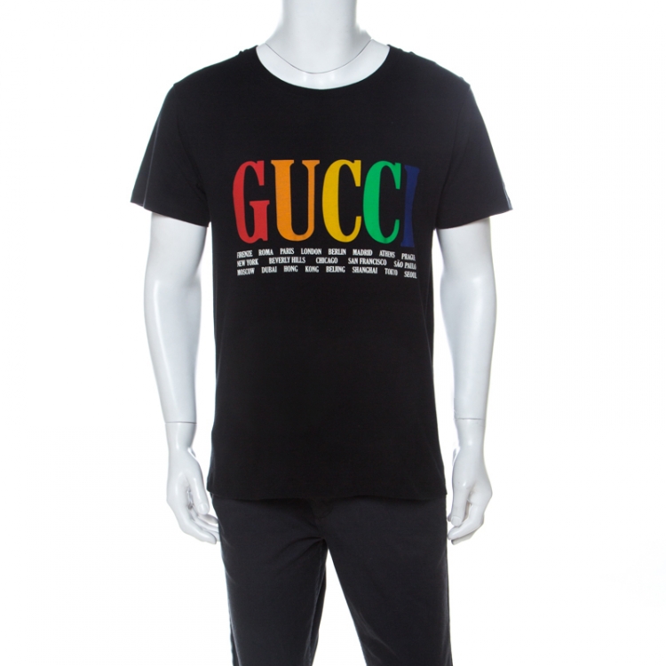 Gucci Black Cotton Logo Cities Print T 
