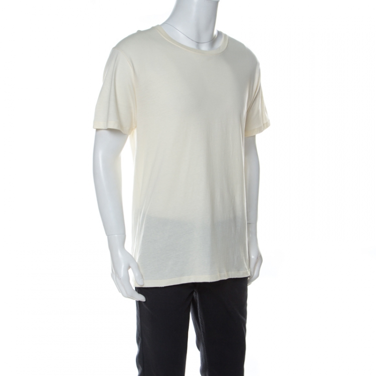 Pre Owned Gucci Cream Logo Stamp Print Cotton Distressed Detail T-Shirt M