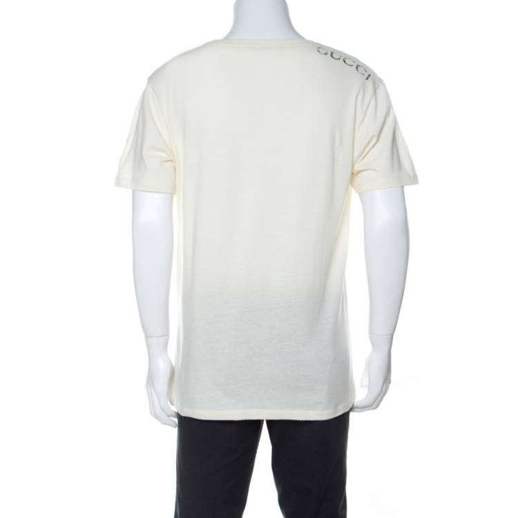Pre Owned Gucci Cream Logo Stamp Print Cotton Distressed Detail T-Shirt M
