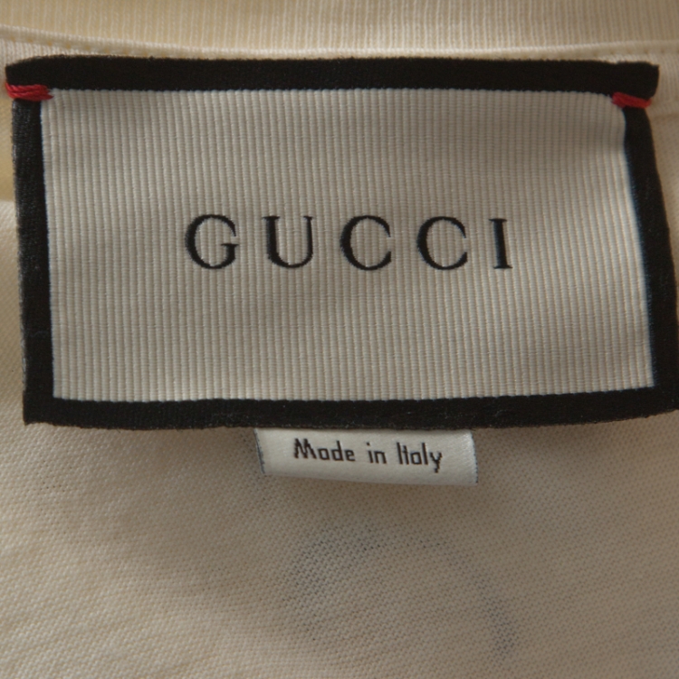 Pre Owned Gucci Cream Logo Stamp Print Cotton Distressed Detail T-Shirt M