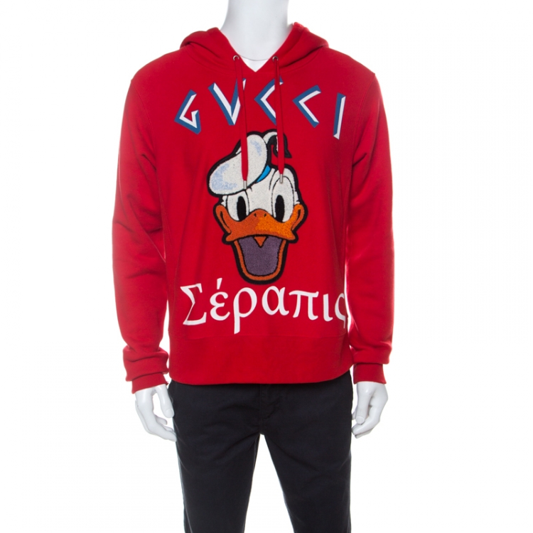 Gucci Red Cotton Jersey Donald Duck Distressed Detail Hoodie S Gucci |