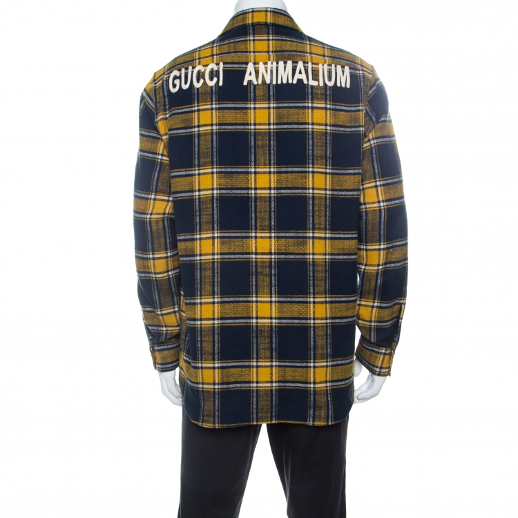 Pre Owned Gucci Yellow and Blue Cotton Flannel Wolf Embroidered Shirt L