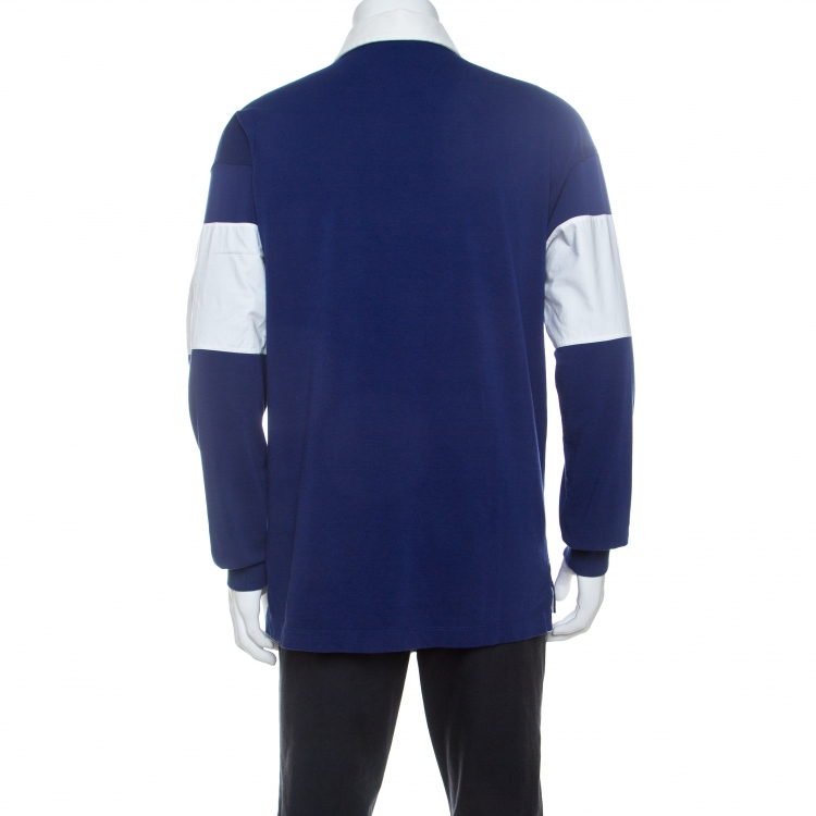 مملوكة مسبقًا Gucci Navy Blue and White Striped Cotton Long Sleeve Polo T Shirt M