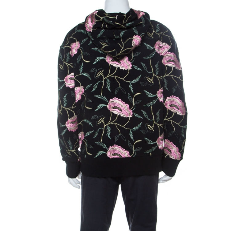 Pre Owned Gucci Black Cotton Floral Embroidered Hoodie L