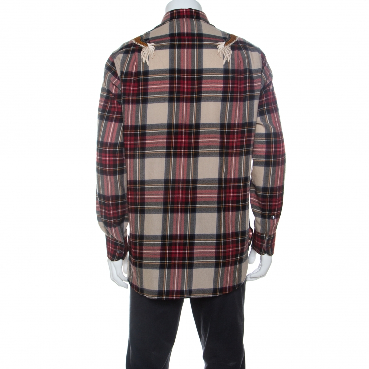 Pre Owned Gucci Red and Beige Dragon Embroidered Check Wool Shirt M
