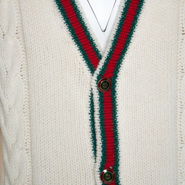 مملوكة مسبقًا Gucci Off White Wool Web Striped Cable Knit Cardigan L
