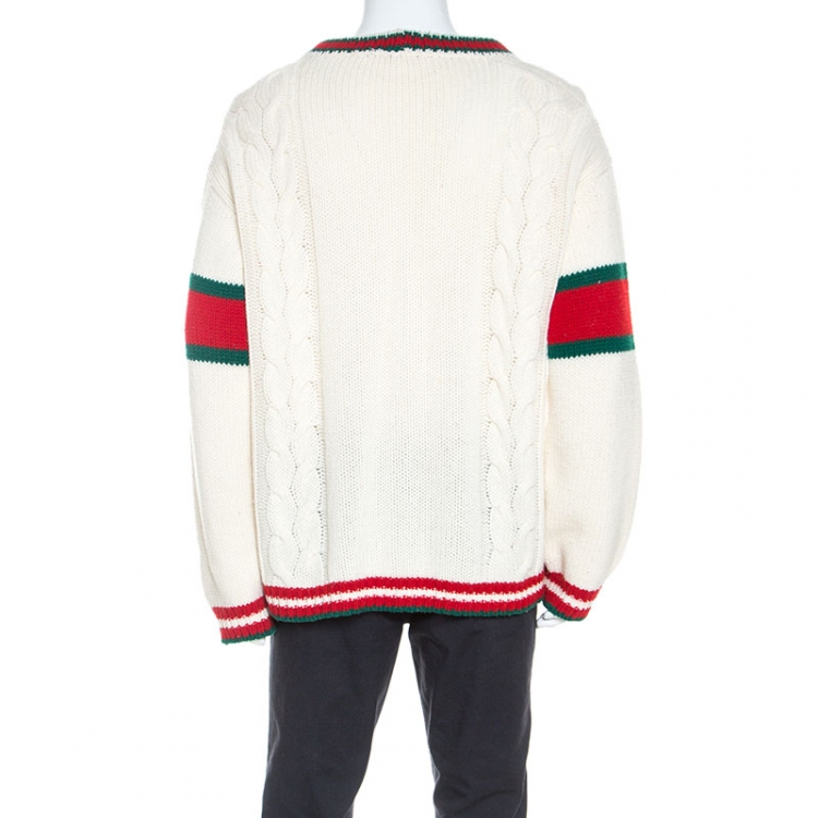 مملوكة مسبقًا Gucci Off White Wool Web Striped Cable Knit Cardigan L