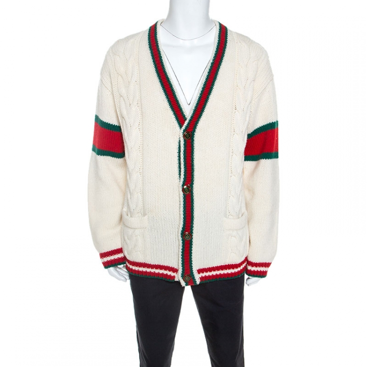 Peep Tarif virkningsfuldhed Gucci Off White Wool Web Striped Cable Knit Cardigan L Gucci | TLC