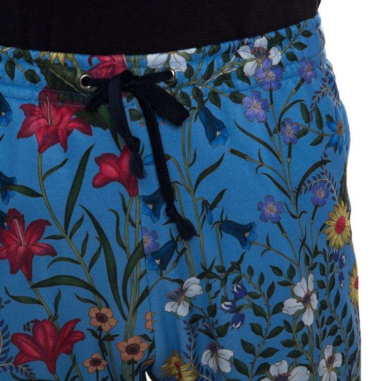 Pre Owned Gucci Blue Floral Printed Jersey Drawstring Waist Track Pants XL