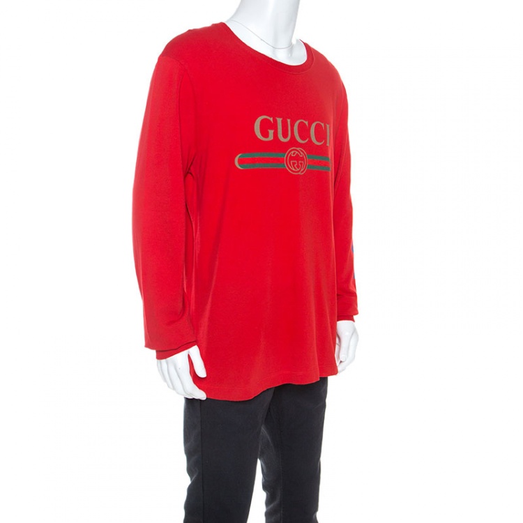 Gucci Red Logo Printed Cotton Dragon Embroidered T-Shirt XL Gucci