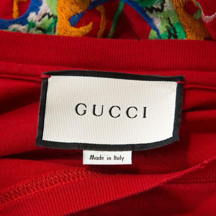 Pre Owned Gucci Red Logo Printed Cotton Dragon Embroidered T-Shirt XL