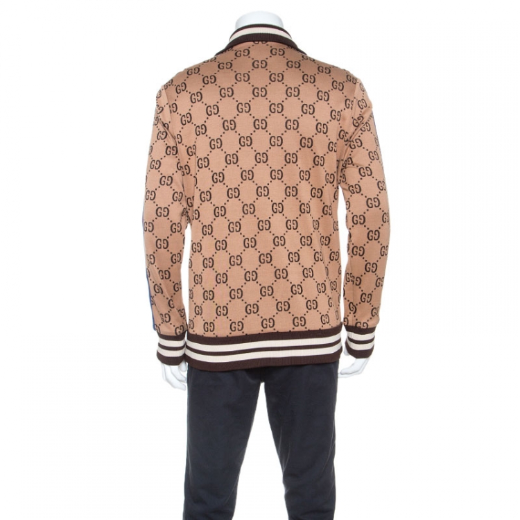 Pre Owned Gucci Beige Logo Monogram Jersey Striped Trim Track Jacket XXL