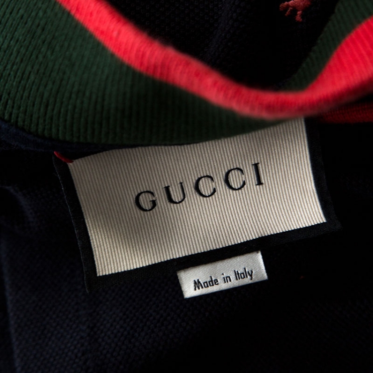 مملوكة مسبقًا Gucci Navy Blue Cotton Cat Embroidery Detail Polo T-Shirt M