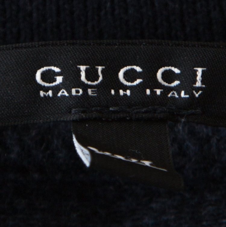 Pre Owned Gucci Navy Blue Patterned Cotton Cashmere Blend Polo T-Shirt XXL