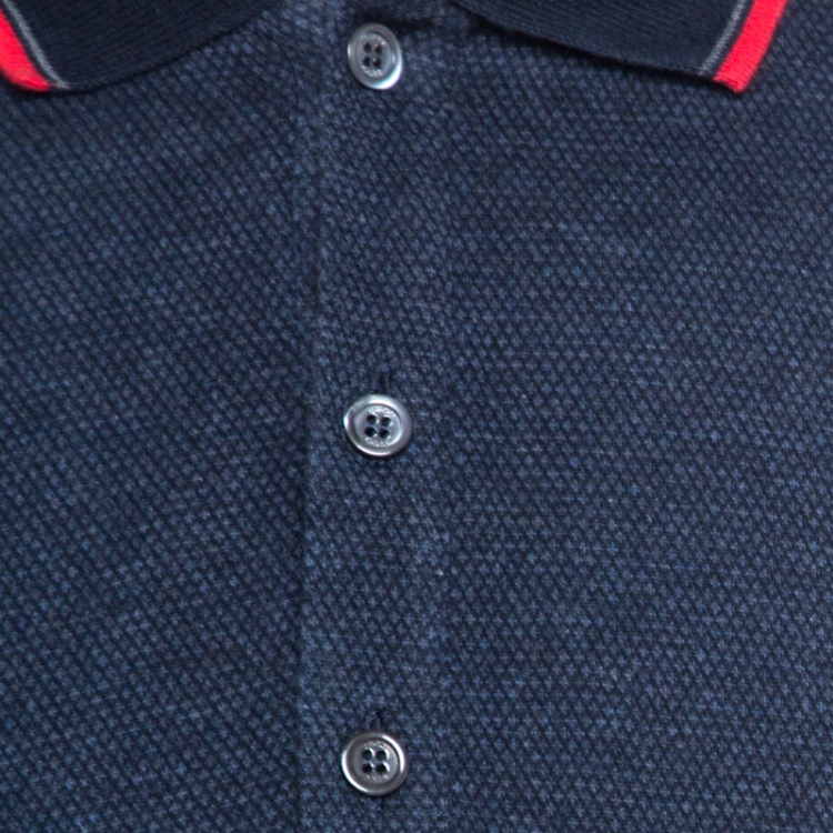 Pre Owned Gucci Navy Blue Patterned Cotton Cashmere Blend Polo T-Shirt XXL