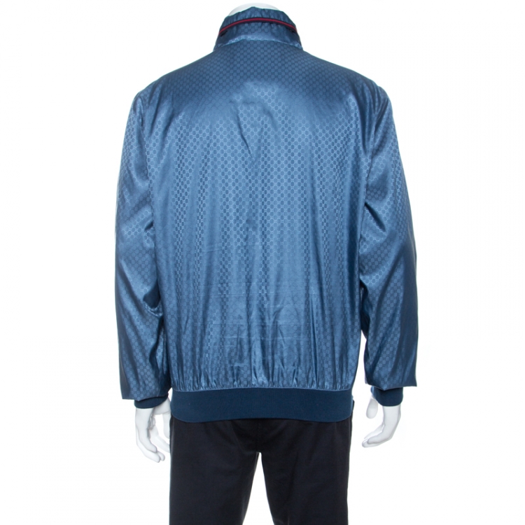 مملوكة مسبقًا Gucci Blue Logo Patterned Jacquard Bomber Jacket XXL