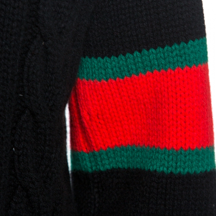 Pre Owned Gucci Black Web Striped Wool Cable Knit Sweater M