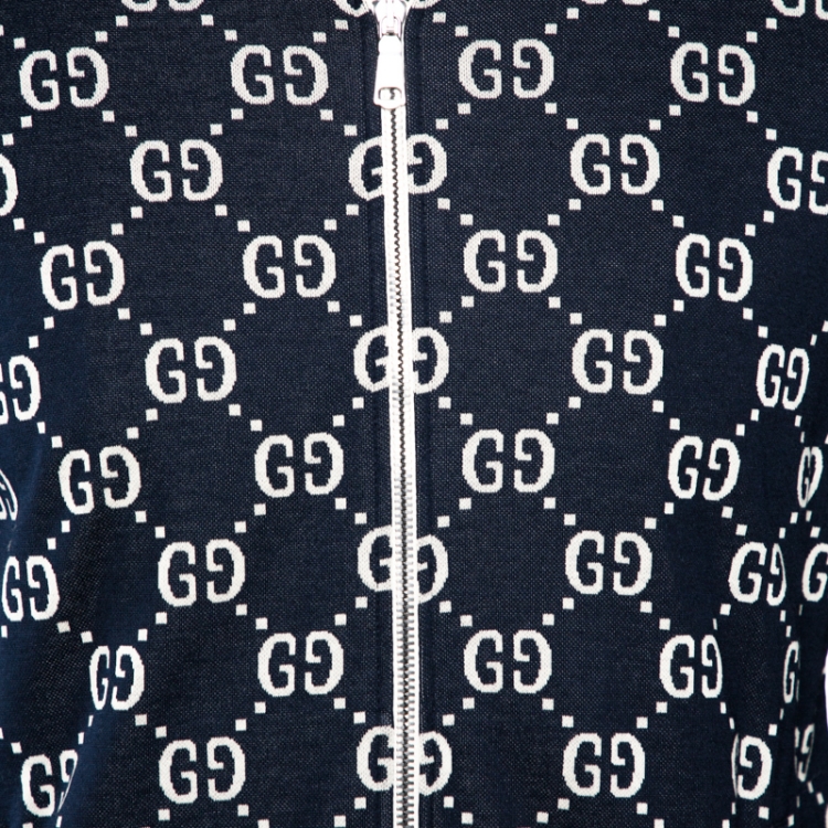 مملوكة مسبقًا Gucci Navy Blue GG Jacquard Jersey Web Detail Track Jacket L