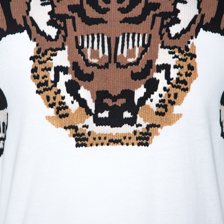 Pre Owned Gucci White Tiger Print Cotton Crew Neck T-Shirt M