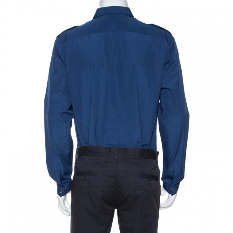 Pre Owned Gucci Midnight Blue Cotton Bee Applique Detail Long Sleeve Shirt XL