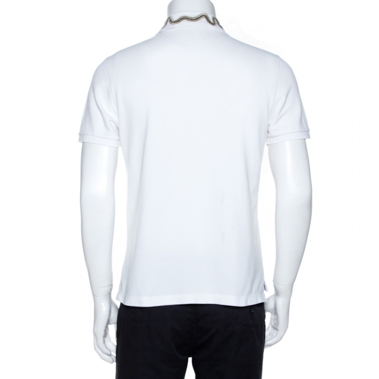 مملوكة مسبقًا Gucci White Snake Embroidered Cotton Pique Polo T-Shirt L