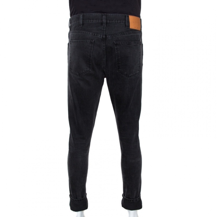 Pre Owned Gucci Dark Grey Denim Web Trim Hem Detail Slim Fit Jeans M