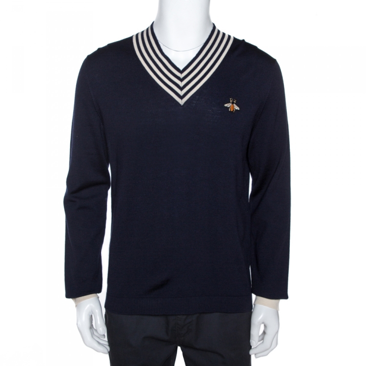 Understrege ledelse Forord Gucci Navy Blue Wool Knit Bee Appliqued V Neck Sweater L Gucci | TLC