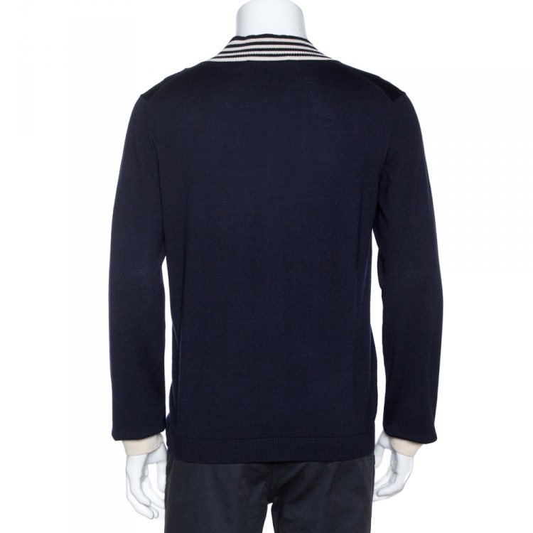مملوكة مسبقًا Gucci Navy Blue Wool Knit Bee Appliqued V Neck Sweater L
