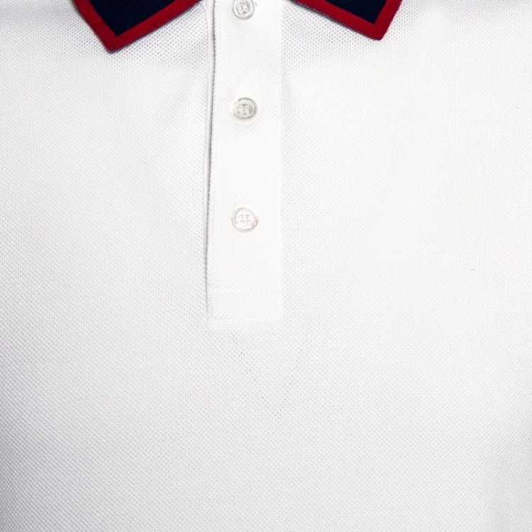 Pre Owned Gucci White Cotton Pique Contrast Stripe Detail Polo T Shirt M