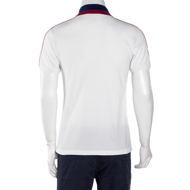 Pre Owned Gucci White Cotton Pique Contrast Stripe Detail Polo T Shirt M