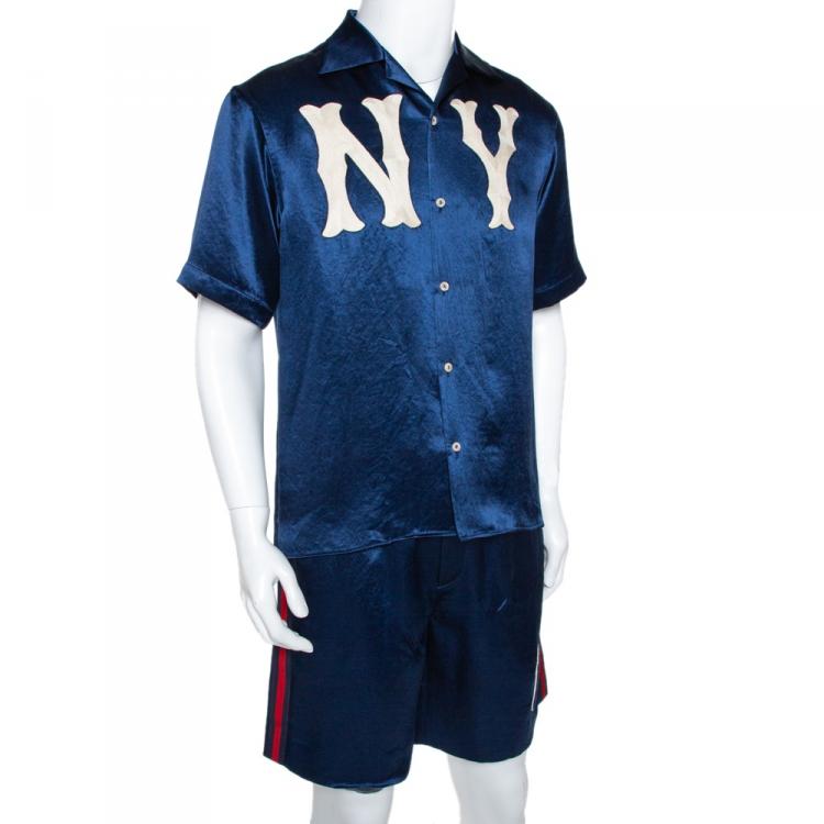 Gucci Blue Satin NY Yankees Bowling Shirt and Shorts Set M