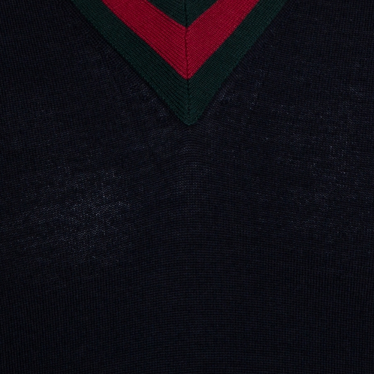 Pre Owned Gucci Ink Blue Wool Web Stripe Detail V Neck Sweater S