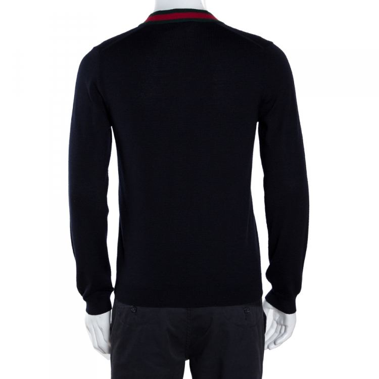 Pre Owned Gucci Ink Blue Wool Web Stripe Detail V Neck Sweater S