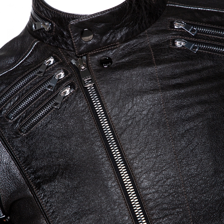 مملوكة مسبقًا Gucci Brown Metallic Print Leather Detachable Sleeve Biker Jacket S