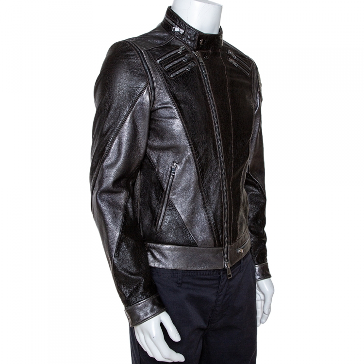 مملوكة مسبقًا Gucci Brown Metallic Print Leather Detachable Sleeve Biker Jacket S