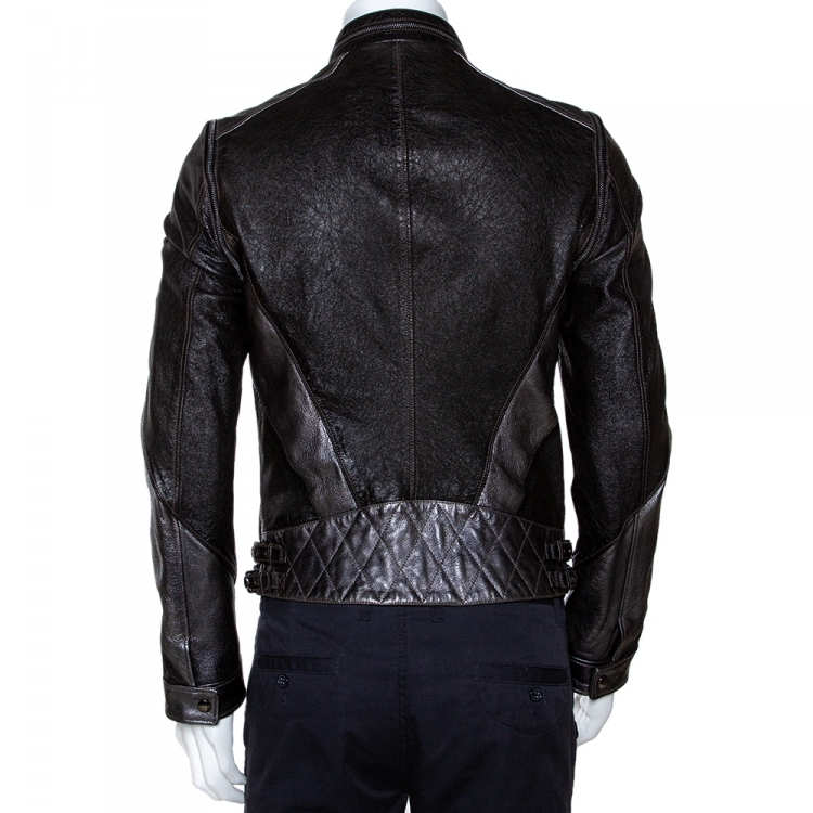 مملوكة مسبقًا Gucci Brown Metallic Print Leather Detachable Sleeve Biker Jacket S